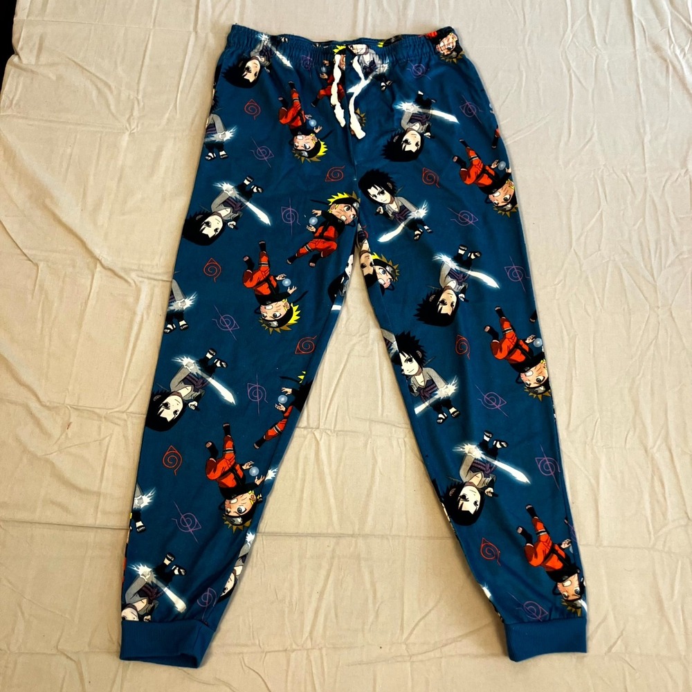 Naruto Shippuden Pajama Pants Men 30x26 Teal All Over Print Drawstring Sleepwear